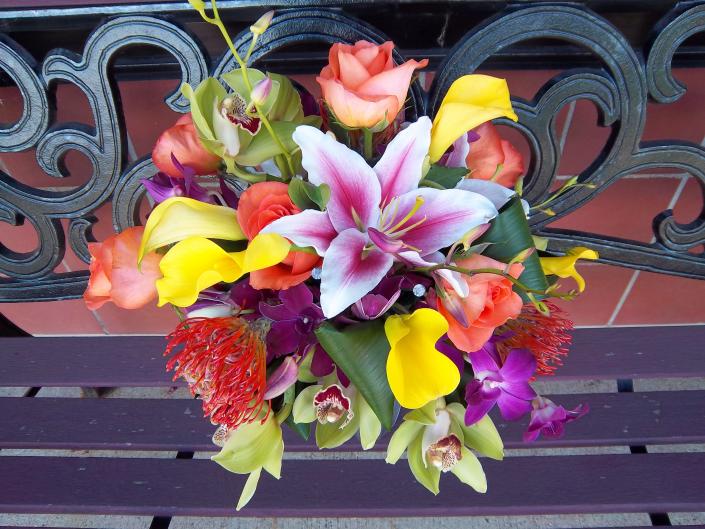 Gorgeous tropical bridal bouquet, orange pin cushion protea, stargazer lilies, yellow calla lilies, lime green dendrobium orchids, bright orange roses.