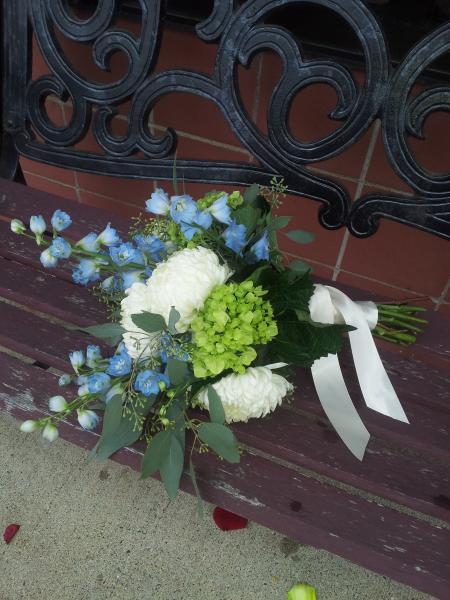 Light blue delphinium, white football mums, green hydrangea and seeded eucalyptus tied with a soft ivory satin ribbon.