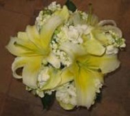 White stock, light yellow asiatic lilies.