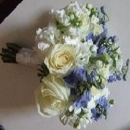 White stock, light blue delphinium and white roses.