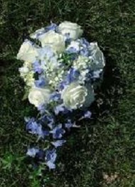  Fragrant white roses with blue hydrangea and delphinium