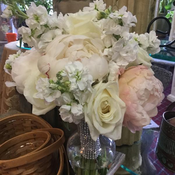 Blush and ivory peony's, white fragrant stock and ivory roses.
