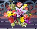 Gorgeous tropical bridal bouquet, orange pin cushion protea, stargazer lilies, yellow calla lilies, lime green dendrobium orchids, bright orange roses.