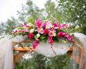 Hot pink gladiola, fragrant stock, roses