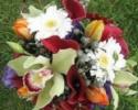 Green cymbidium orchids, berries, red miniature calla lilies, white gerbera daisies.