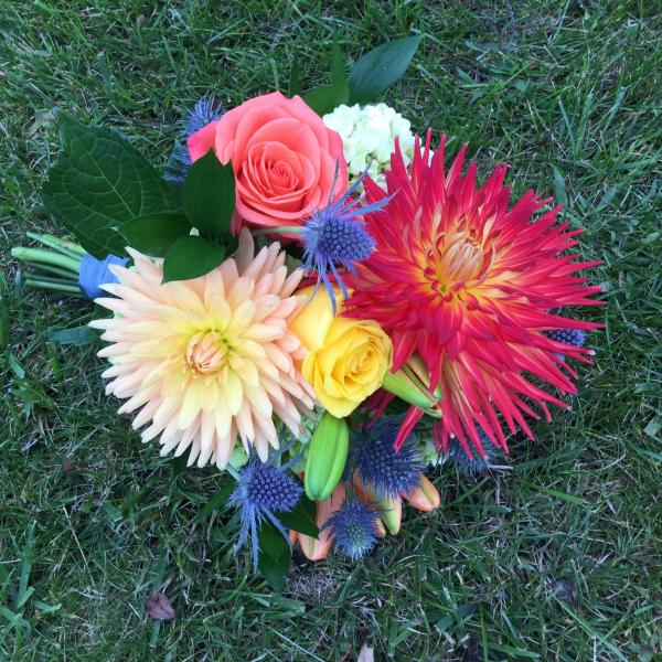 Bright bouquet to accent bridesmaids dresses, antique gray. Locally grown dahlias, roses, lilies, mini green hydrangea and blue thistle.