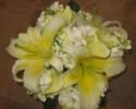 White stock, light yellow asiatic lilies.