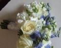 White stock, light blue delphinium and white roses.