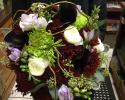 Burgundy dahlias, white ranunculus, lavender freesia, green spider mums, seeded eucalyptus all accented with curly willow.