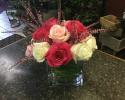 A variety of pink and white roses, Titanic, Pink Floyd, Mondial and accented with Calcyna.