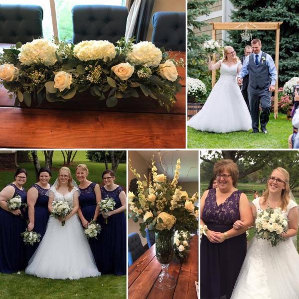 White hydrangea, vintage Tilea roses, eucalyptus, designed by Addie Lane Floral, wedding at TPC in Blaine MN