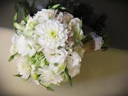 White dahlias, lisianthus, freesia.